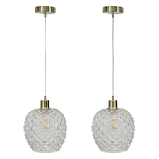 First Choice Lighting Set of 2 Baine Clear Textured Glass with Satin Brass Pendant Fittings Bronze | Red