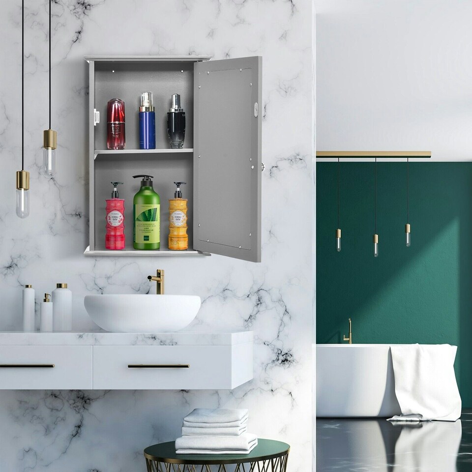 image 1 of COSTWAY Bathroom Mirror Cabinet Wall Mounted Storage Grey Grey
