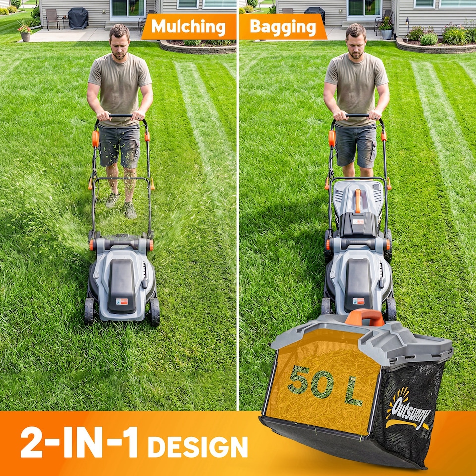 image 1 of Outsunny 1800W Electric Lawnmower with 40cm Cutting Width, Mulching Feature | Grey | Light Grey | 123L x 45W x 102H cm