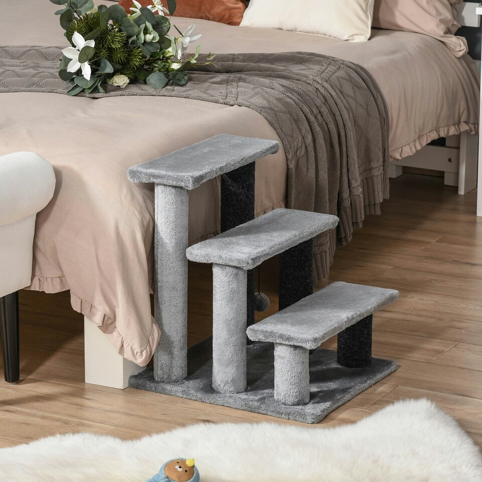 image 1 of PawHut Pet Stairs with 3-step Stair, Scratching Posts, Platforms, Toy Ball
