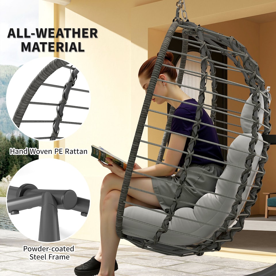 image 1 of Outsunny Rattan Hanging Egg Chair, Foldable Wicker Hammock Swing Chair with Cushion, Stand, Adjustable Height, Head Pillow, Steel Frame for Garden Patio Indoor Outdoor, Light Grey | Grey | Light Grey