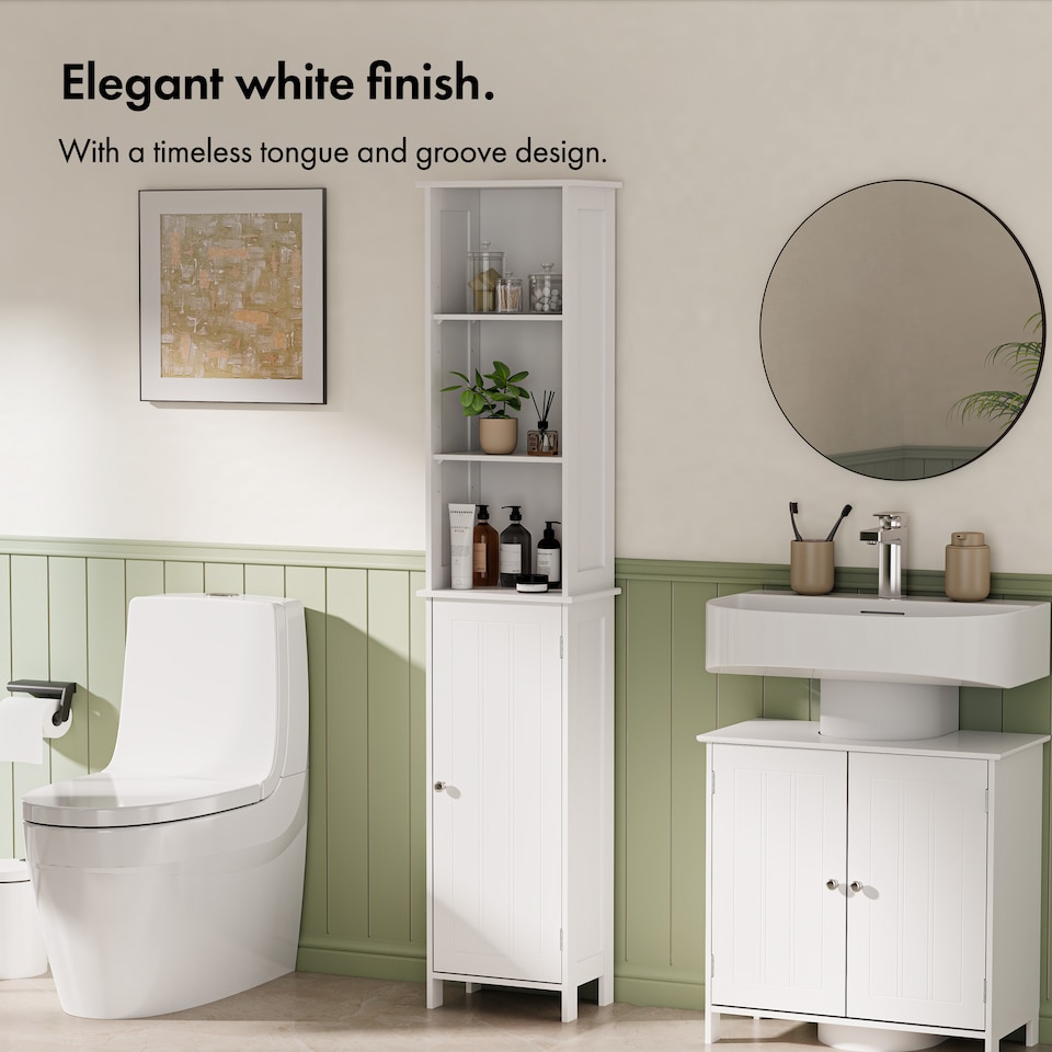 image 1 of VonHaus Holbrook White Freestanding Tall Bathroom Storage Cabinet with 6 Shelves
