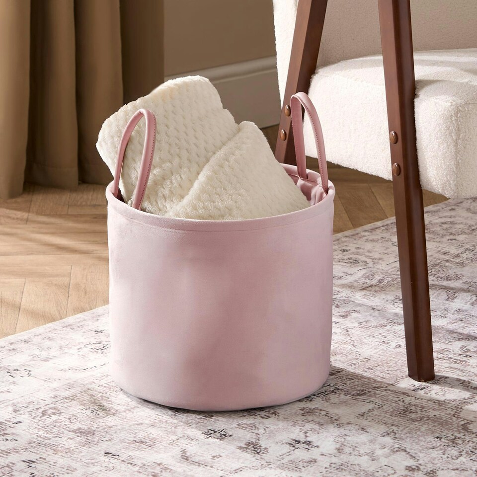 image 1 of OHS Velvet Storage Basket Home Modern Hamper Clothes Toys Organiser Fabric Bag Pink | Blush Pink