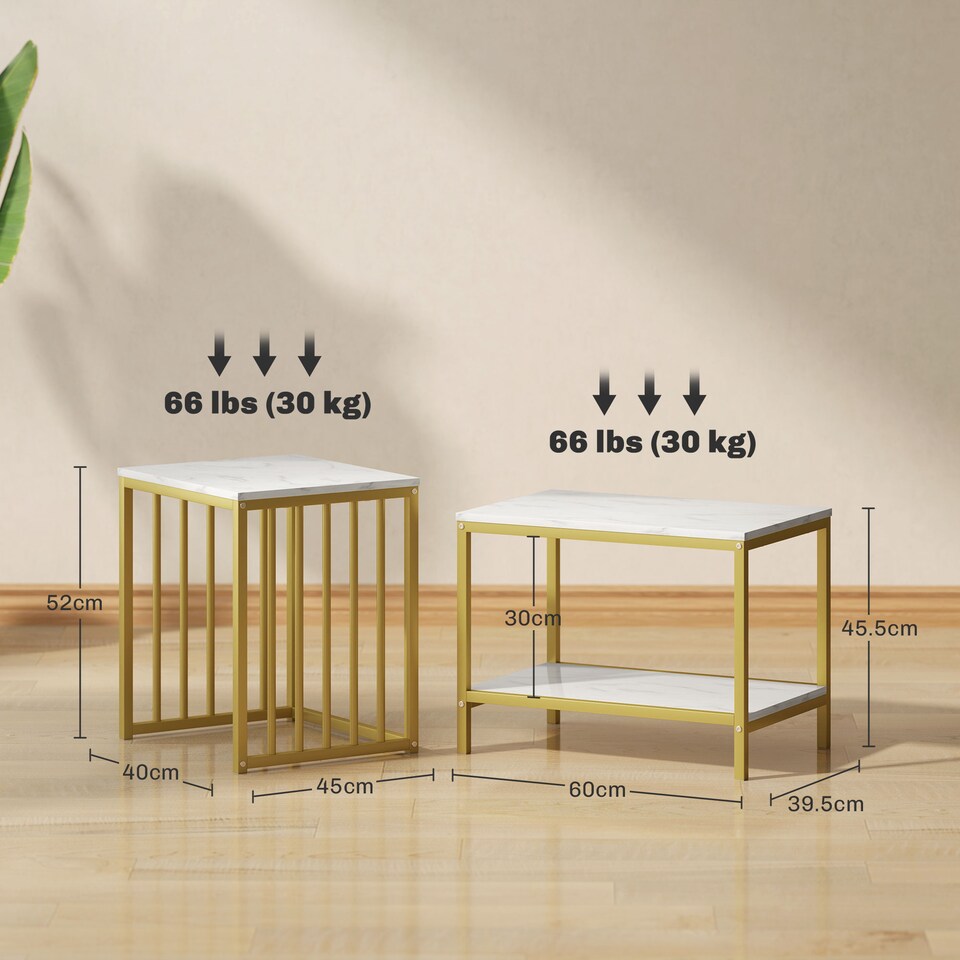 image 1 of HOMCOM Modern Coffee Table Set of Two, Marble-Effect Nesting Side Tables with Steel Frame for Living Room, Gold Tone