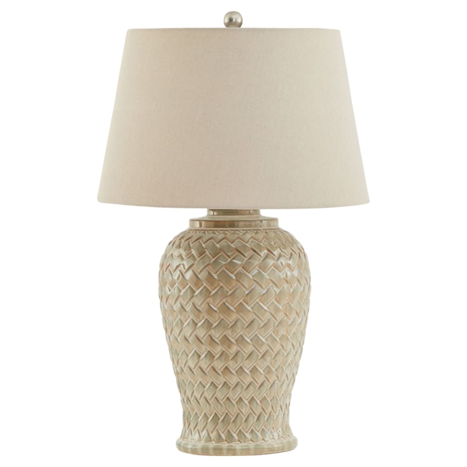 image 1 of Woven Table Lamp with Linen Shade - Ceramic - L40 x W40 x H74 cm - White | Gold