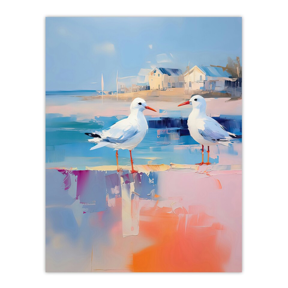 image 1 of Seagull Birds Pastel Colour Pink Orange Home Decor Black Framed Wall Art Print A4