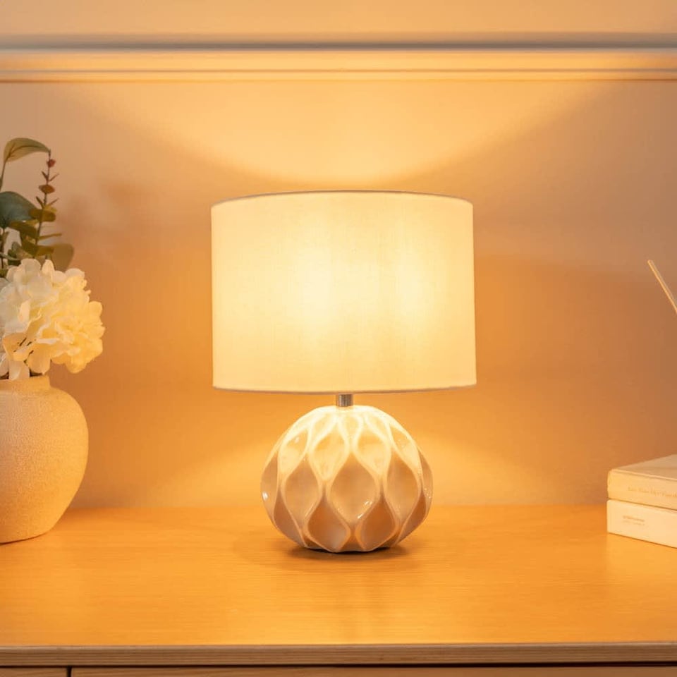 image 1 of ValueLights Luca Ceramic Textured Cream Table Lamp Cream Shade