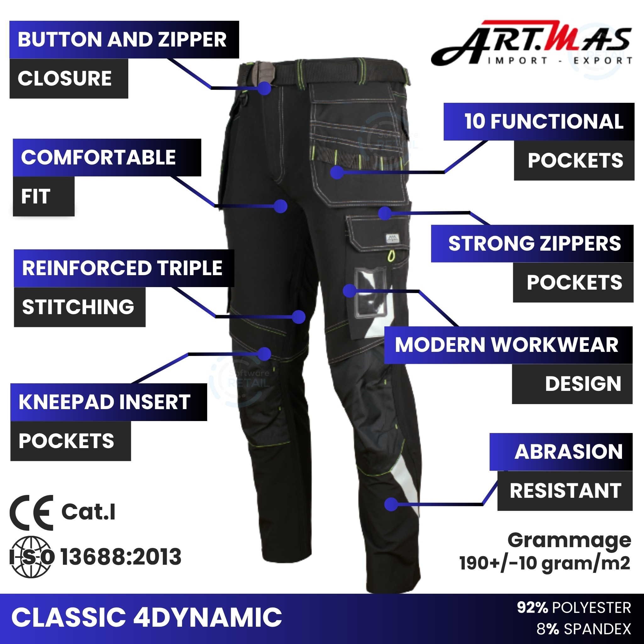 Artmas Classic4Dynamic Softshell Work Trousers 4-Way Stretch 10 Pockets (38/40 Inch - 56 EU)