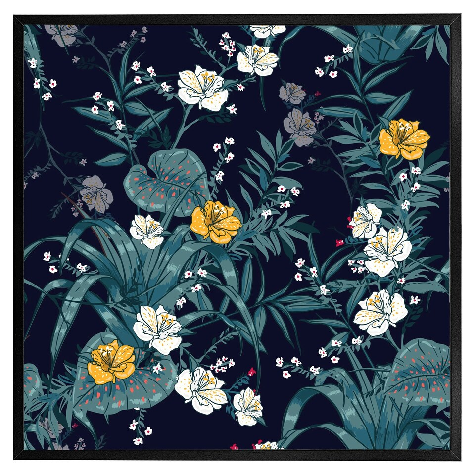 image 1 of Blue & yellow flowers (Picture Frame) Brown | S