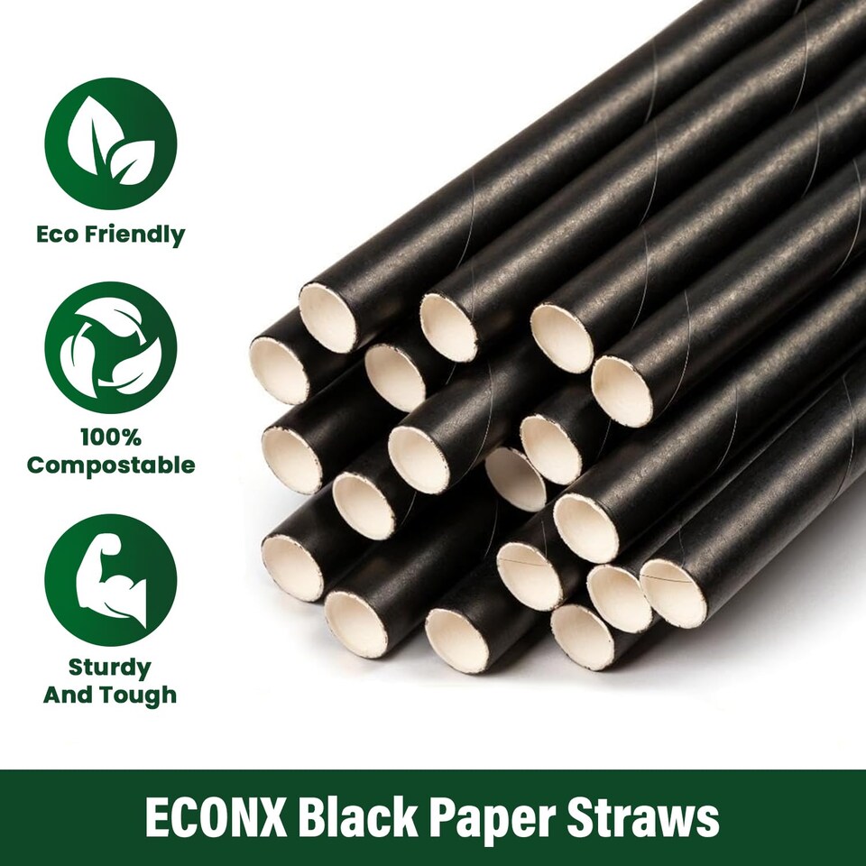 image 1 of ECONX Black Paper Straws 8 Inch Paper Drinking Straws for Parties Hot & Cold Drinks Sip Stirrers Pack 250
