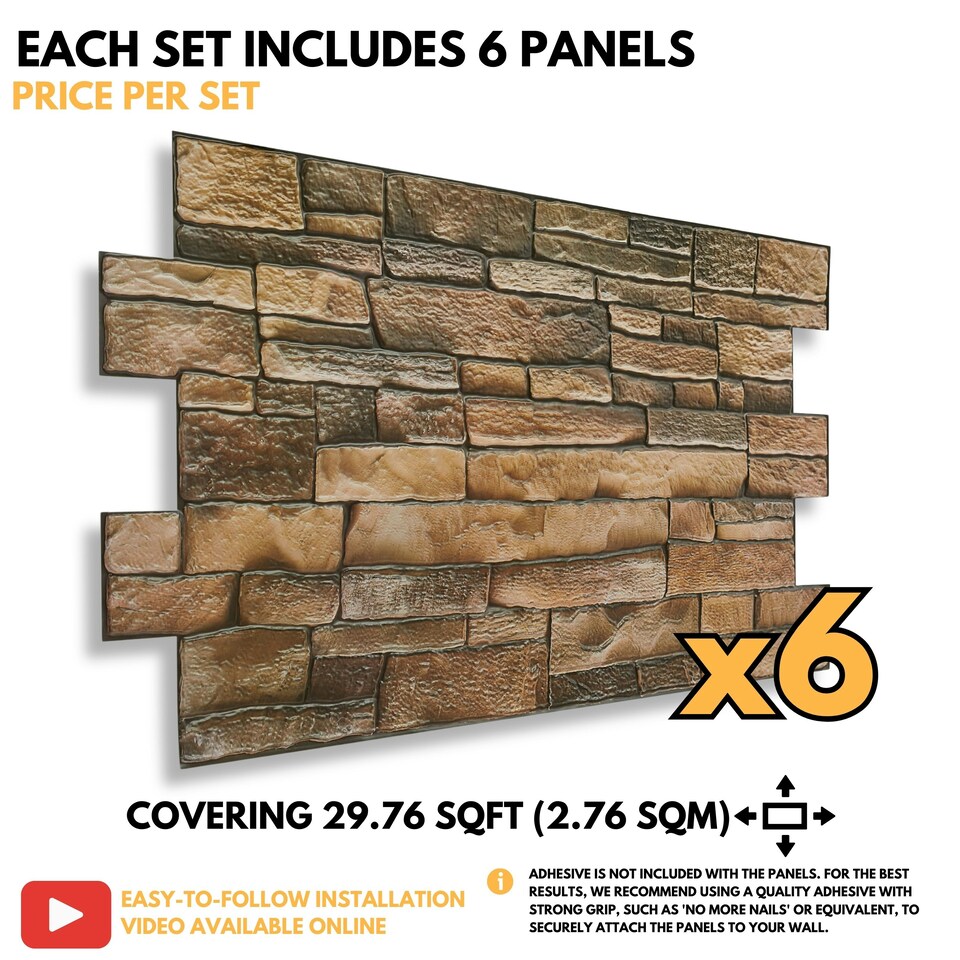 image 1 of NOVECRAFTO 3D Wall Panels – 6 PVC Sheets, Covers 2.76 sqm (29.76 sq ft), 96x48cm Each – Rustic Tan Brickwork Effect Cladding, Moisture Resistant