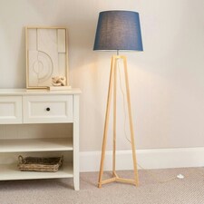 ValueLights Lottie Natural Wood Tripod Floor Lamp with Navy Blue Fabric Tapered Shade