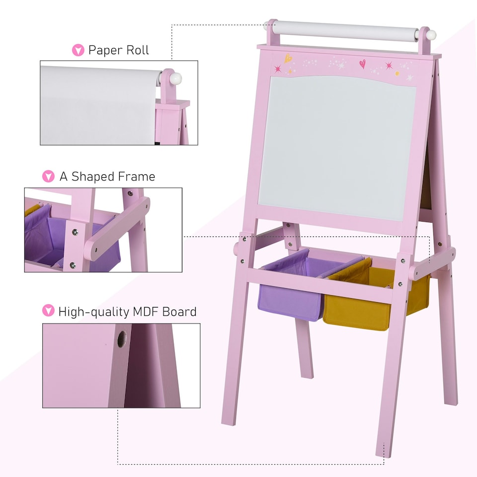 image 1 of HOMCOM Kids Wooden Art Easel with Paper Roll Double-Sided Chalkboard, Whiteboard