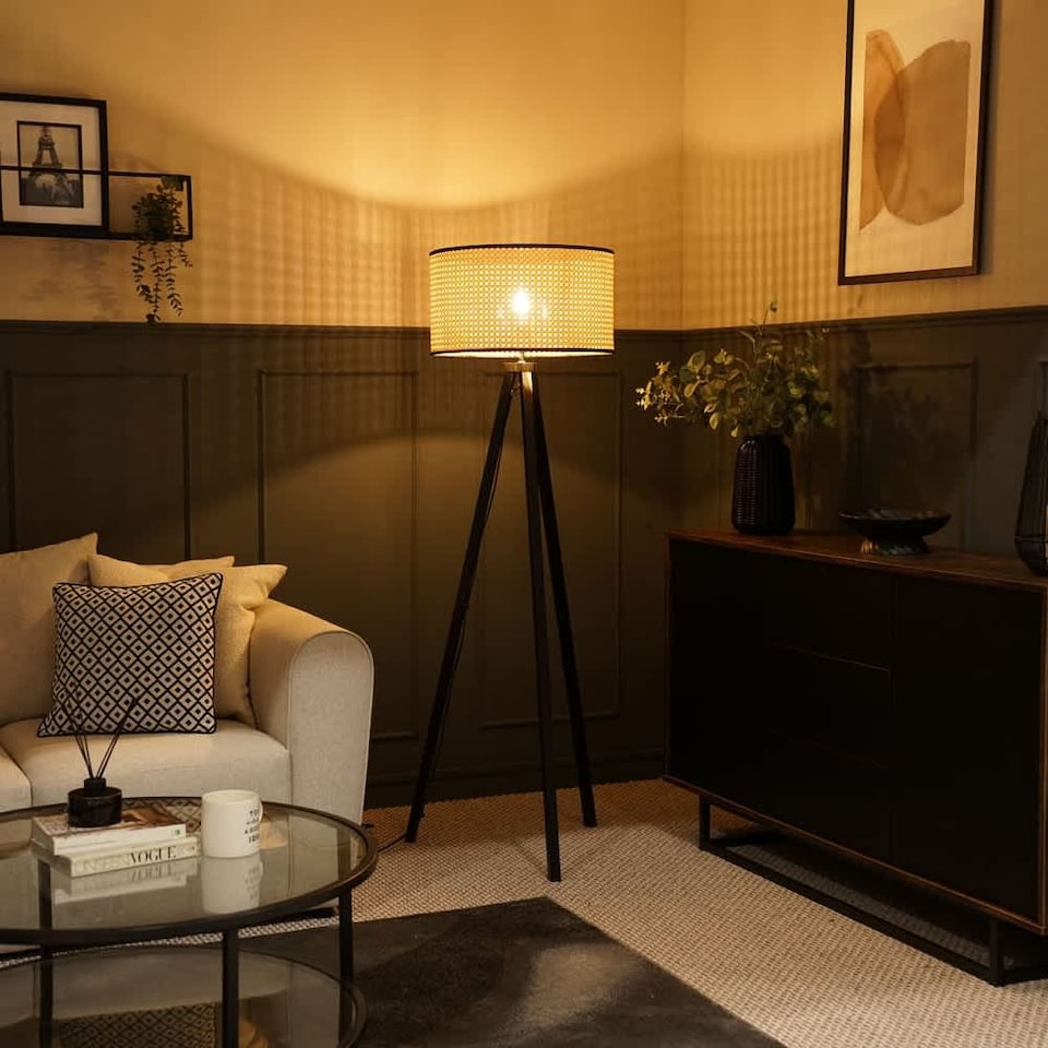 image 1 of ValueLights Barbro Black Tripod Floor Lamp Wicker Trim Shade and Bulb