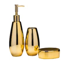 Interiors by Premier Dolomite Gold 3 Piece Bathroom Set, Ceramic Bath Accessories Set, Lotion Dispenser, Tumbler, And Soap Dish