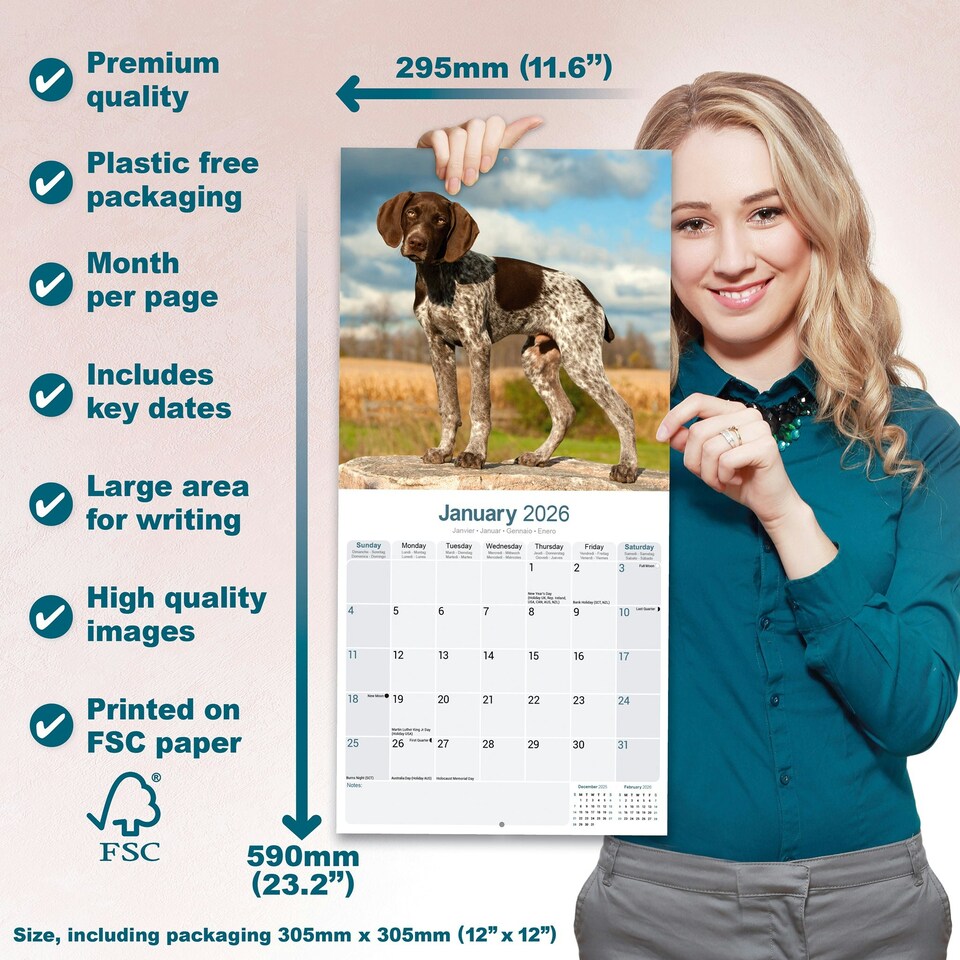 image 1 of German Shorthaired Pointer 2026 Calendar | Square Wall Calendar | Dog Breed Gift | Plastic Free Packaging | by Avonside Publishing