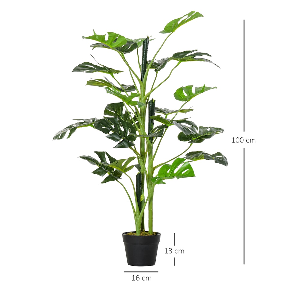 image 1 of Outsunny 100cm3.3FT Artificial Monstera Tree Decorative Cheese Plant 21 Leaves with Nursery Pot, Fake Tropical Palm Tree for Indoor Decor
