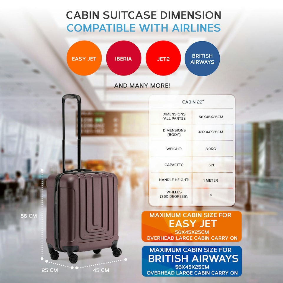 image 1 of Flight Knight Premium Hard Shell Lightweight Cabin Suitcase - 8 Spinner Wheels - Built-in TSA Lock & USB Port - easyJet Large Cabin Approved - 56x45x25cm Purple | Burgundy | Cabin Bag