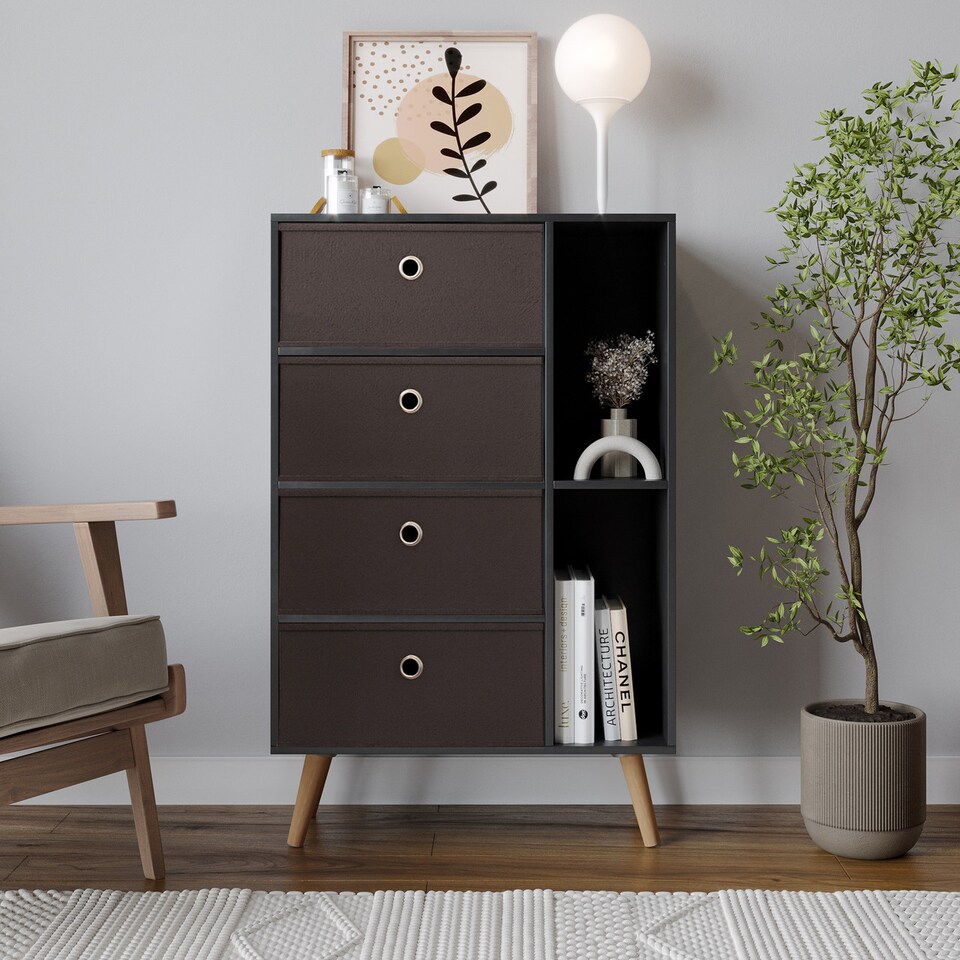image 1 of Black 4-Drawer 2-Section Shelving Unit With Legs | Black | Black & Beech | 1