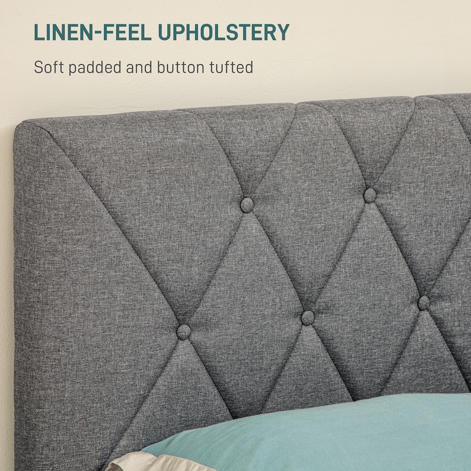 image 1 of HOMCOM Double Bed Frame with 5-Level Adjustable Linen Upholstered Headboard, Wooden Slats Mattress Foundation, No Box Spring Needed, Grey