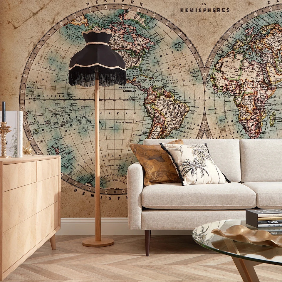 image 1 of Hemisphere Map Full Wall Mural in Earthy Tones | Cream | Earthy Tones | Extra Large (350cm x 240cm)