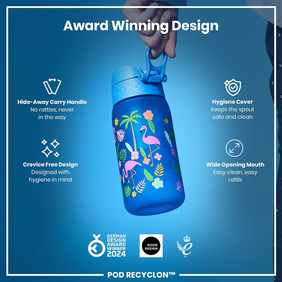 image 1 of Leak Proof Kids Water Bottle, BPA Free, 350ml (12oz) | Blue | Flamingos | One Size