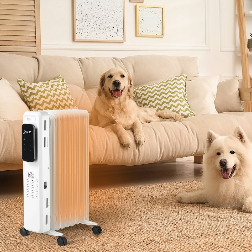 image 1 of HOMCOM 2000W Oil Filled Radiator Heater w/ 3 Heat Settings Remote Control White