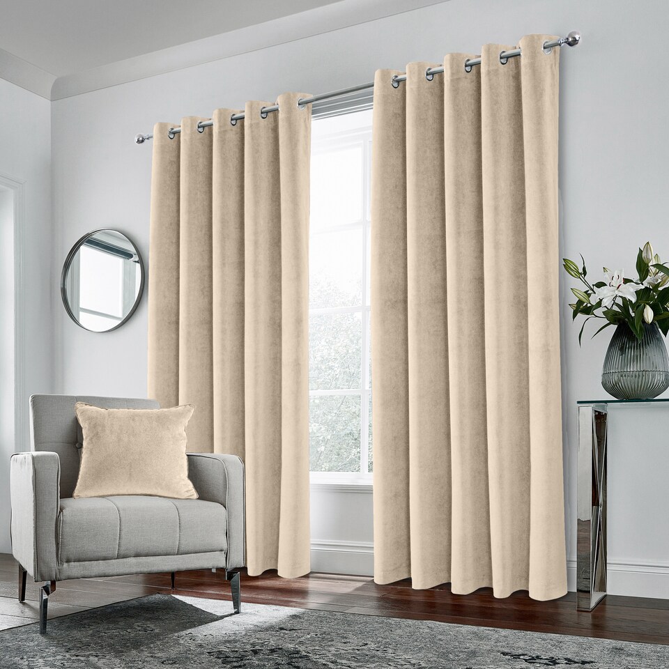 image 1 of Luxury Enhanced Living Cream Velvet, Supersoft, 100% Blackout, Thermal Pair of Curtains with Eyelet Top - 90 x 90 inch (229x229cm)