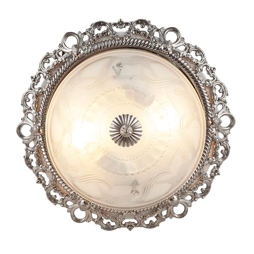 image 1 of Traditional Satin Nickel and Floral Glass Flush Ceiling Light | Silver