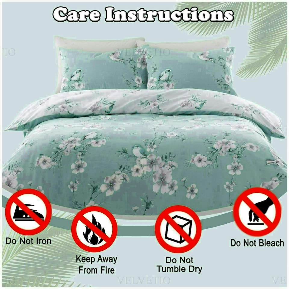 image 1 of VELVETIO Birdie Blossom Printed Duvet Cover Set Reversible Polycotton Beddings Blue | Duck Egg | Single