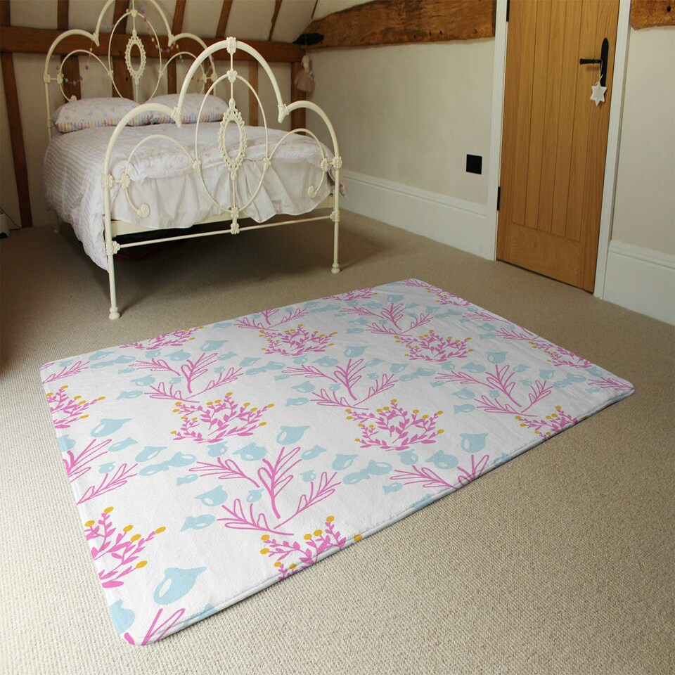 image 1 of Pink & Blue Flower Design (Rug) Pink | Large: 140x200cm