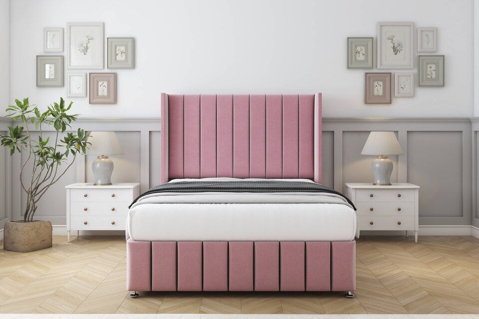 image 1 of Sloomy Melbourne Pink Plush Divan Bed Base 2 Drawers Foot-End With 54 Inch Wingback Headboard & 12 Inch Matching Footboard | Pink | Pink | Super King | 1