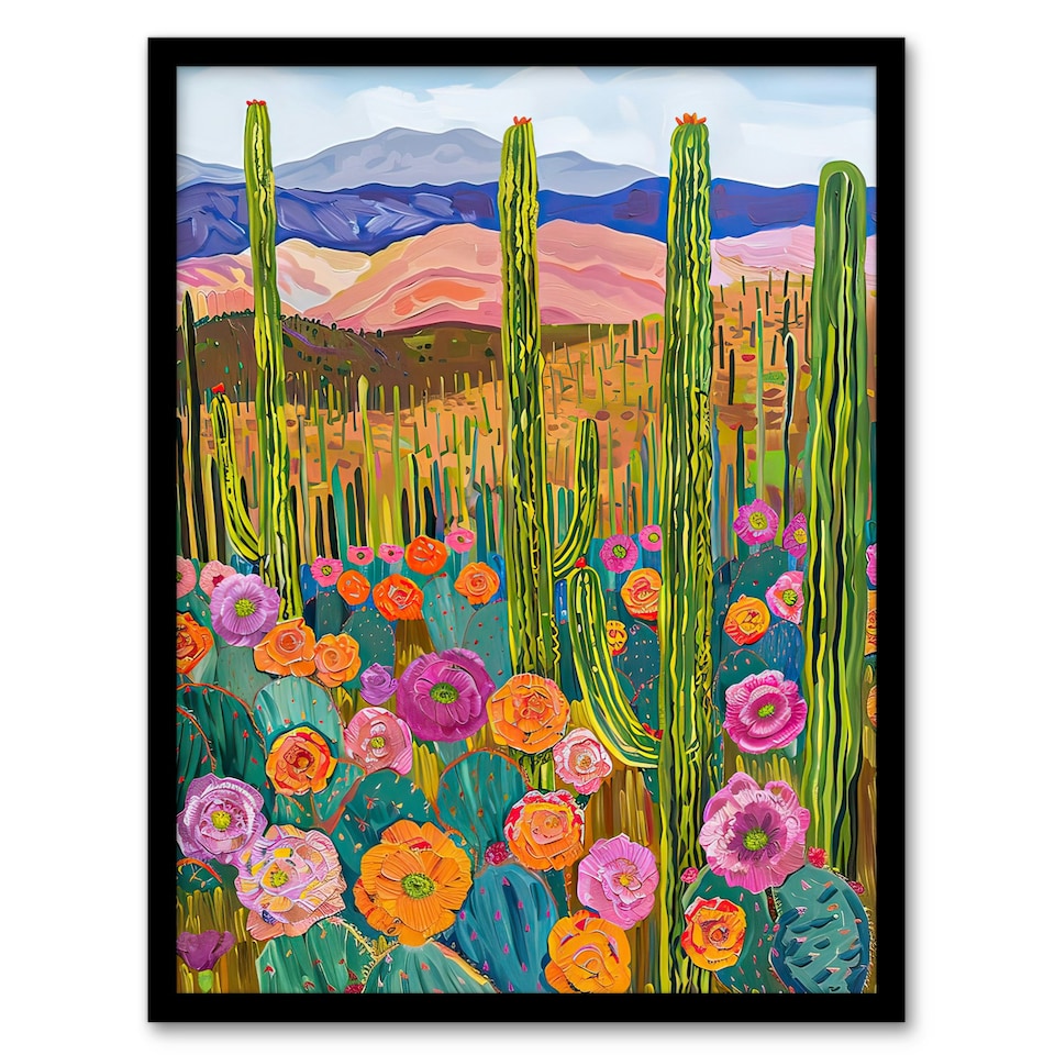 image 1 of Arizona Flower Cactus Landscape Floral Black Framed Wall Art Print A4