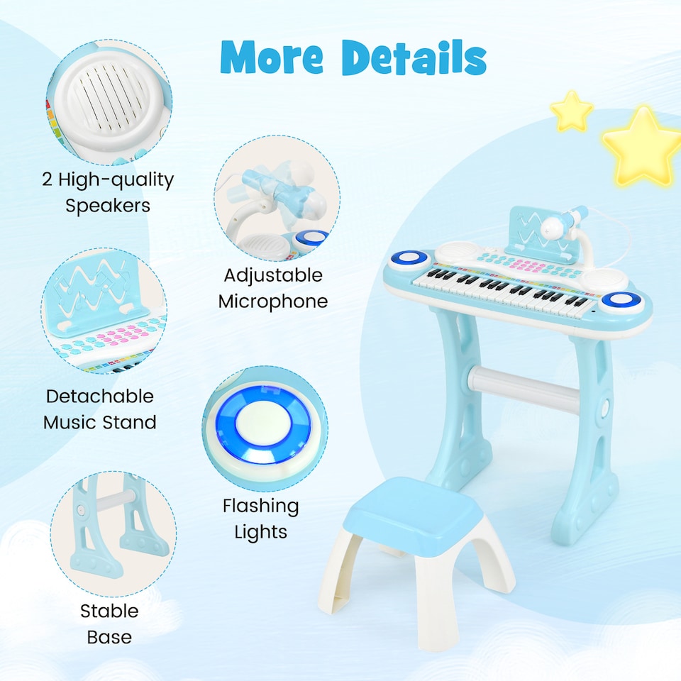 image 1 of COSTWAY Electronic Kids Piano Toy 37 Keys Piano Keyboard with Stool-Blue