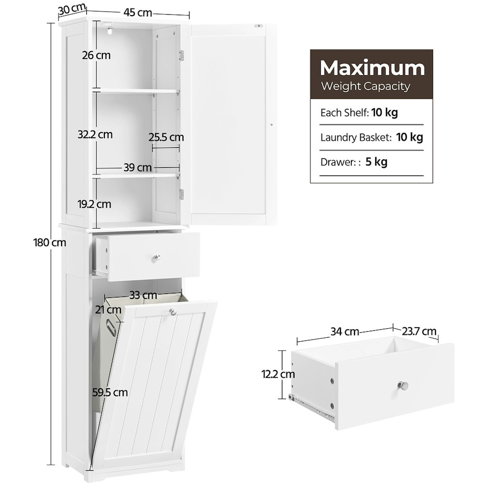 image 1 of Yaheetech Freestanding Bathroom Cabinet with Laundry Basket White White