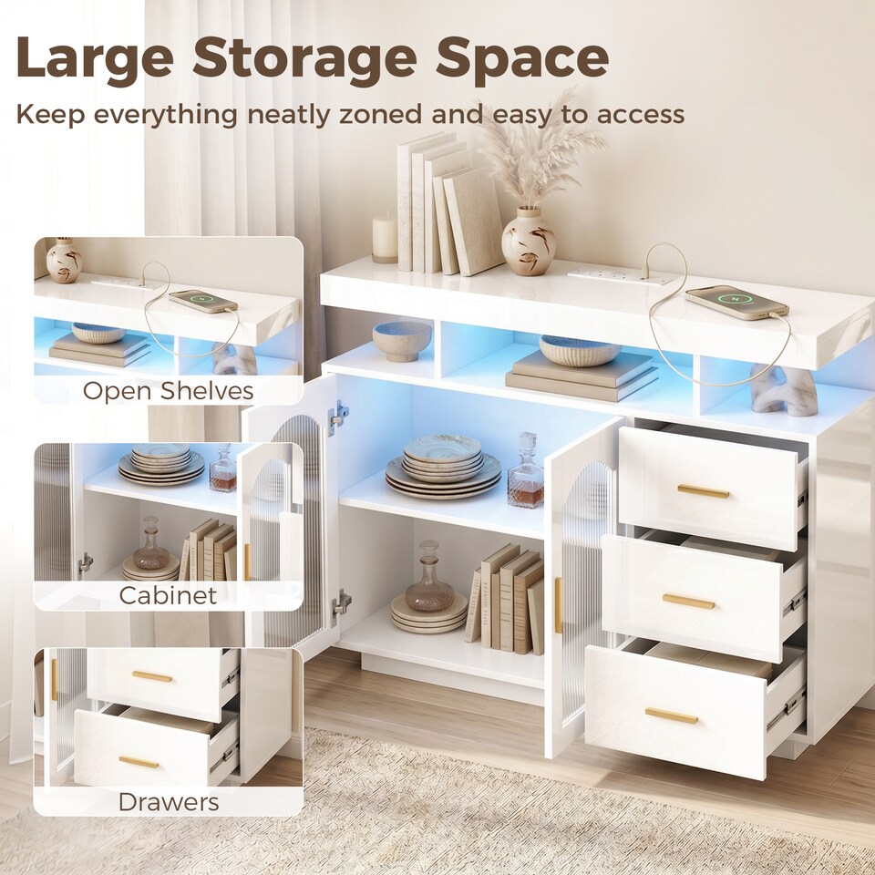 image 1 of HOMCOM High Gloss Sideboard with LED Lights, Power Outlets, Drawers