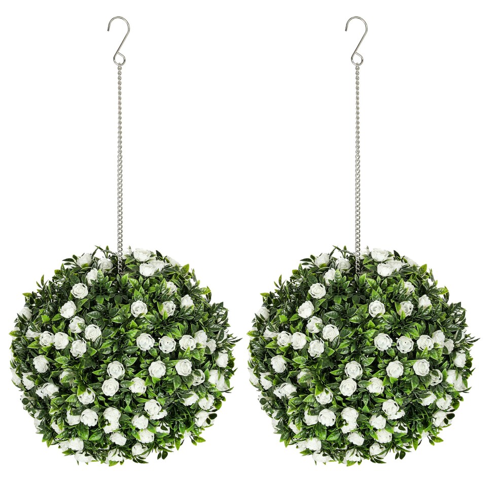 image 1 of HOMCOM Set of 2 Artificial Plant Topiary Rose Balls Faux Plants White