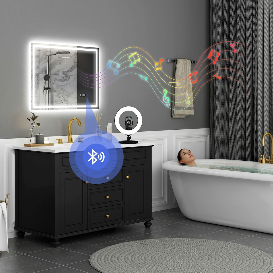 image 1 of HOMCOM 600 x 800 mm Bathroom Mirror with Bluetooth Lights Demister Pad Silver