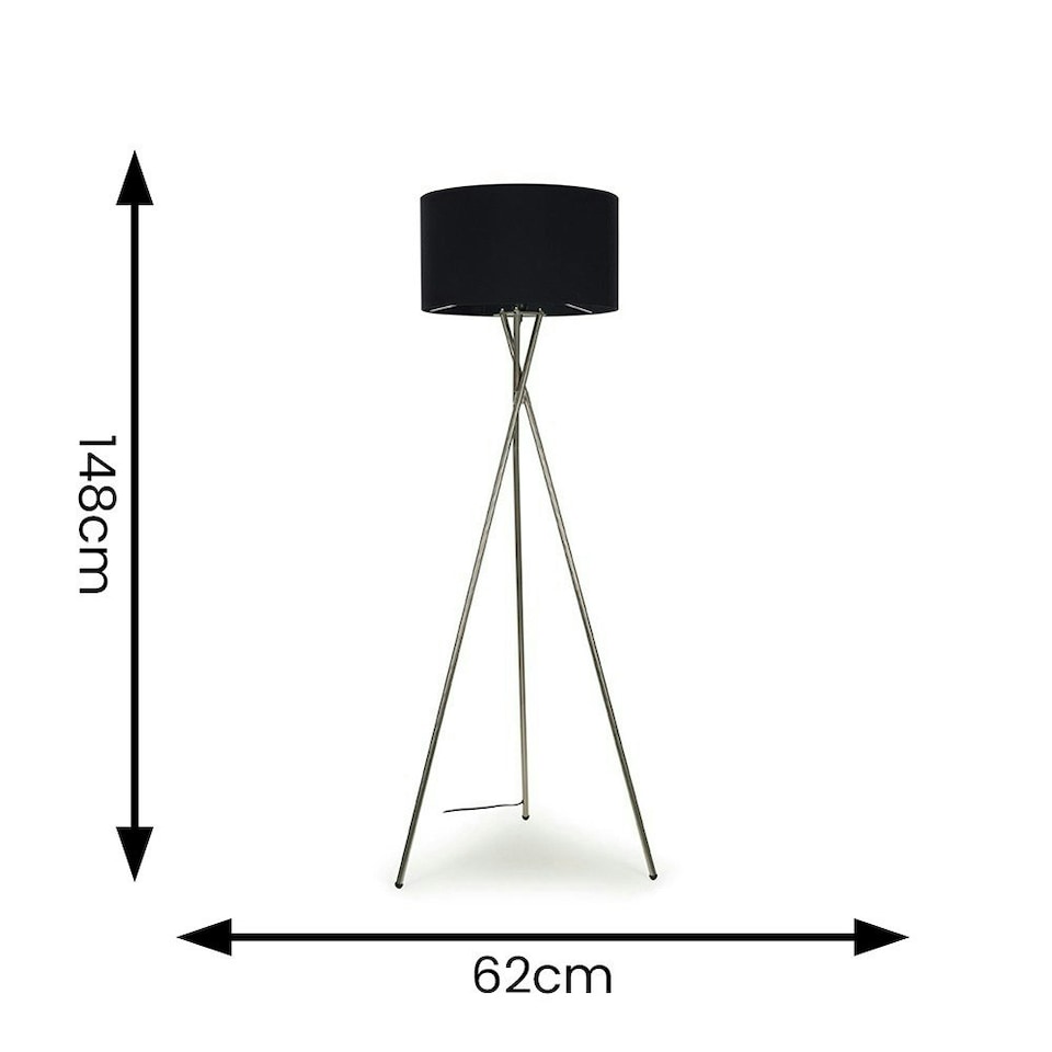 image 1 of ValueLights Camden Brushed Chrome Tripod Floor Lamp Black Shade Black
