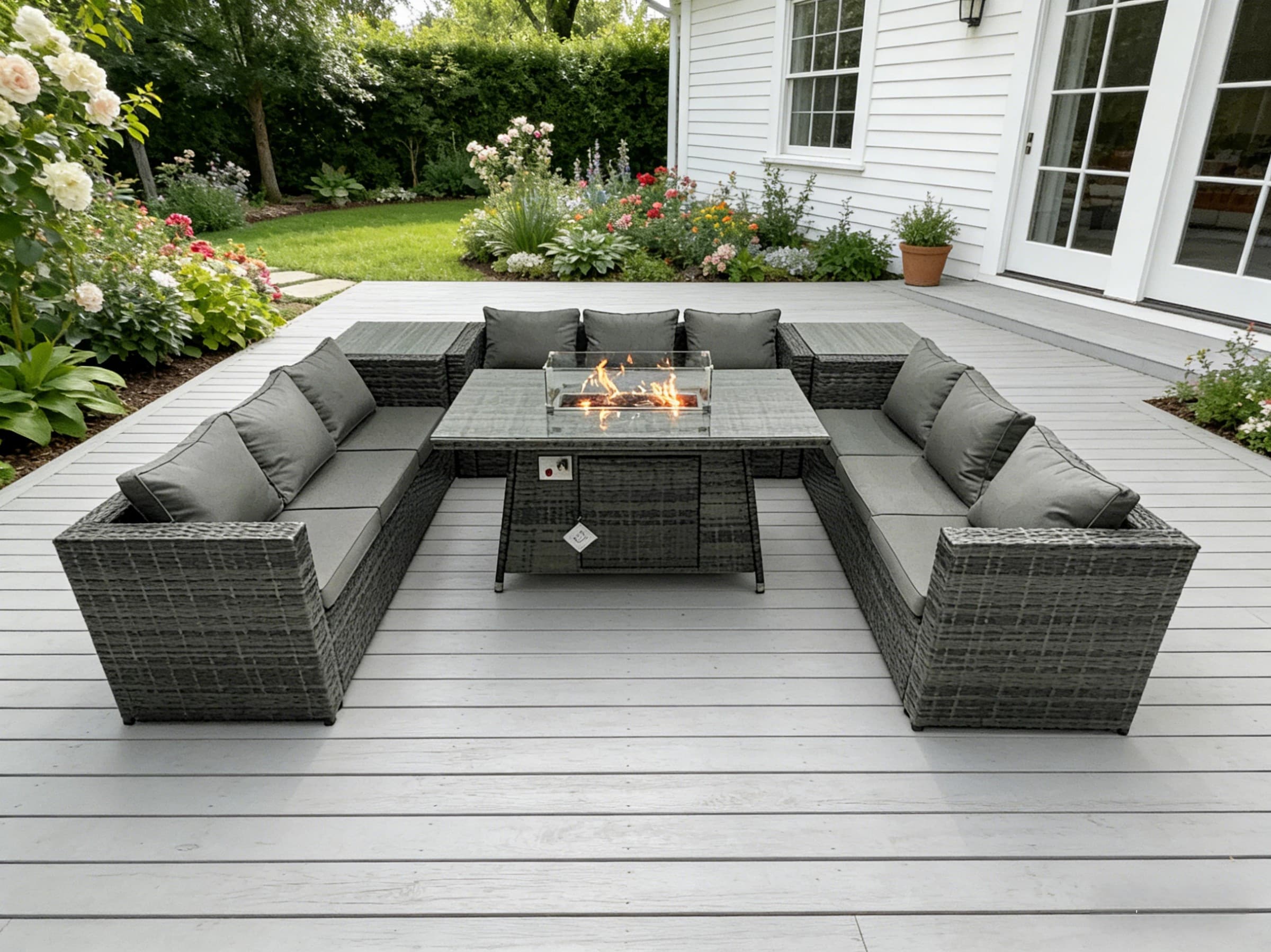 Fimous Outdoor Rattan Garden Furniture Gas Fire Pit Dining Table Gas Heater Sets Side Tables Dark Mixed Grey 9 Seater