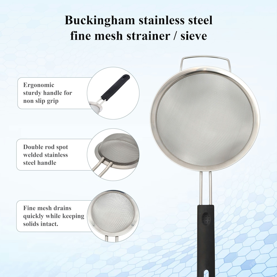 image 1 of Buckingham Stainless Steel Fine Mesh Sieve Strainer 20 cm Soft Touch Handle