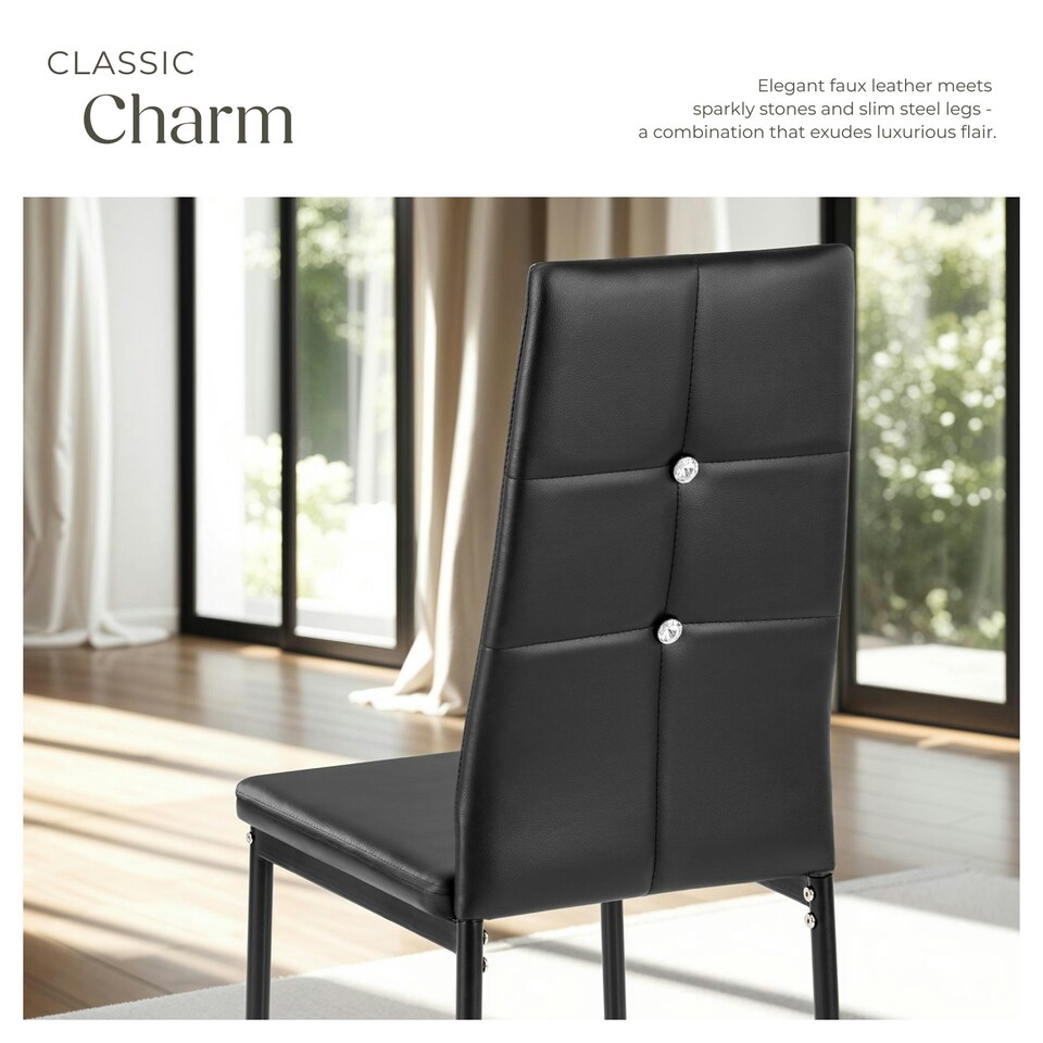 image 1 of Dining Chair Set - high backrest, slim steel legs & rhinestone highlights - Set of 8 Black