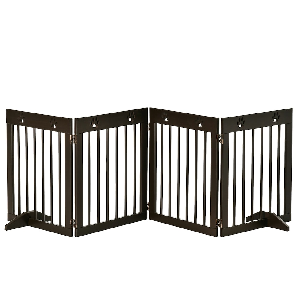 image 1 of PawHut Pet Gate 4 Panel Wooden Dog Barrier Folding Fence w/ Support Feet