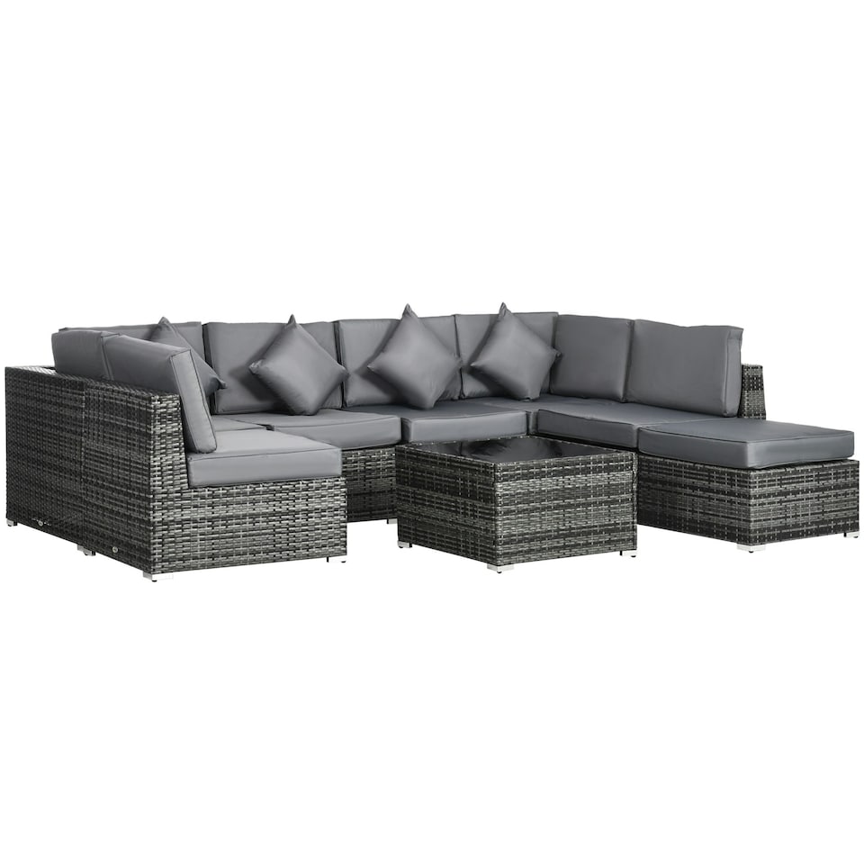 image 1 of Outsunny 8 Pieces Patio Rattan Sofa Set Outdoor Garden Furniture Set Grey