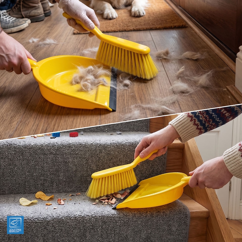 image 1 of Colour Coded Dustpan and Brush Sets Wide Plastic Dustpan with Rubber Lip and Soft Bristle Brush