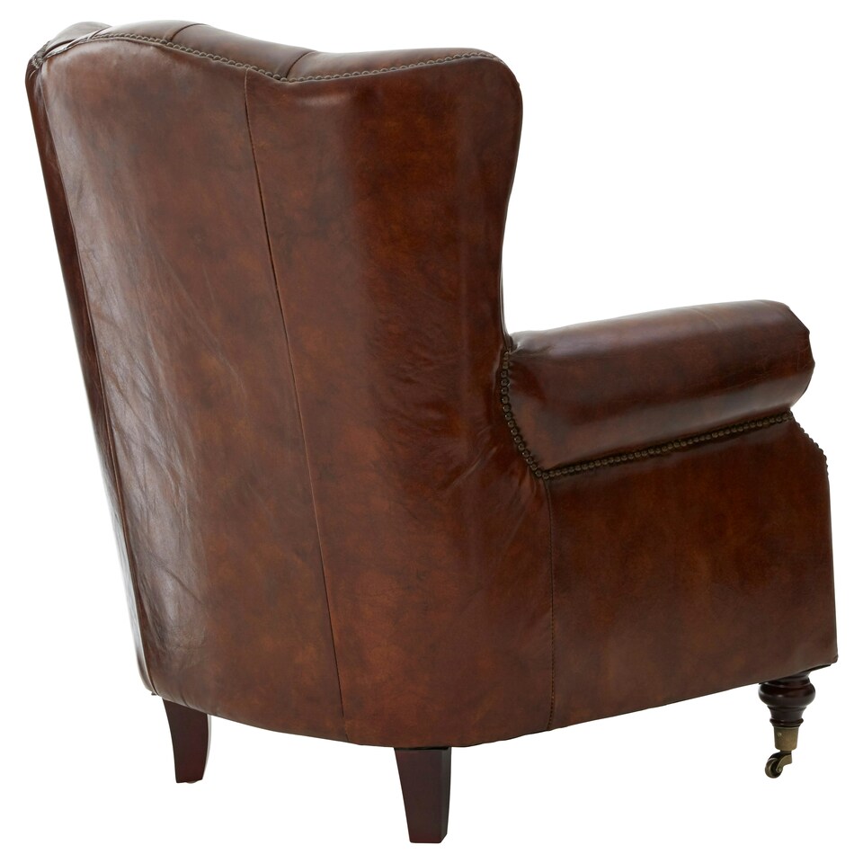 image 1 of Brown Leather Scroll Armchair, Lounge Chair With Quilted Backrest,Walnut Wooden Chair With Stud Details Brown