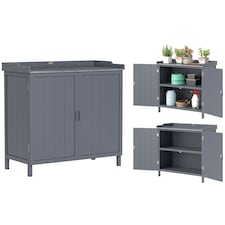Outsunny Wood Garden Storage Cabinet, Outdoor Tool Shed with Galvanised Top and Two Shelves, Potting Bench Table for Garden Tools or Pool Accessories, Grey