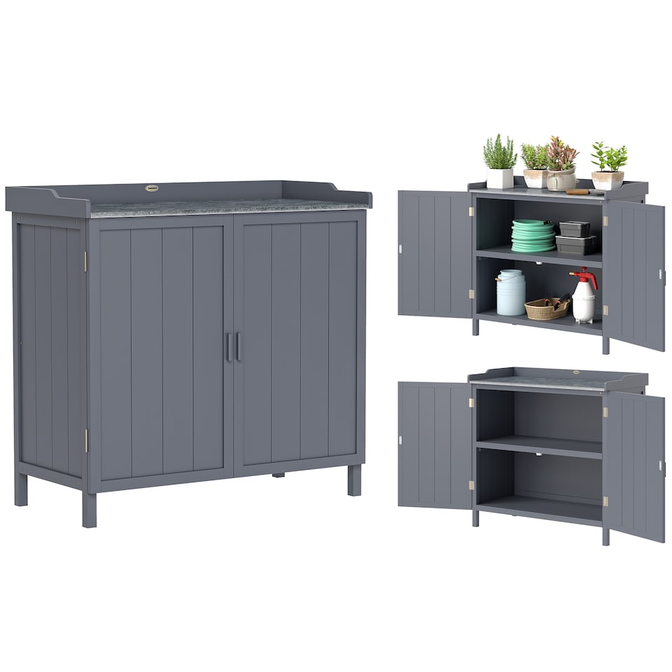 image 1 of Outsunny Wood Garden Storage Cabinet, Outdoor Tool Shed with Galvanised Top and Two Shelves, Potting Bench Table for Garden Tools or Pool Accessories, Grey