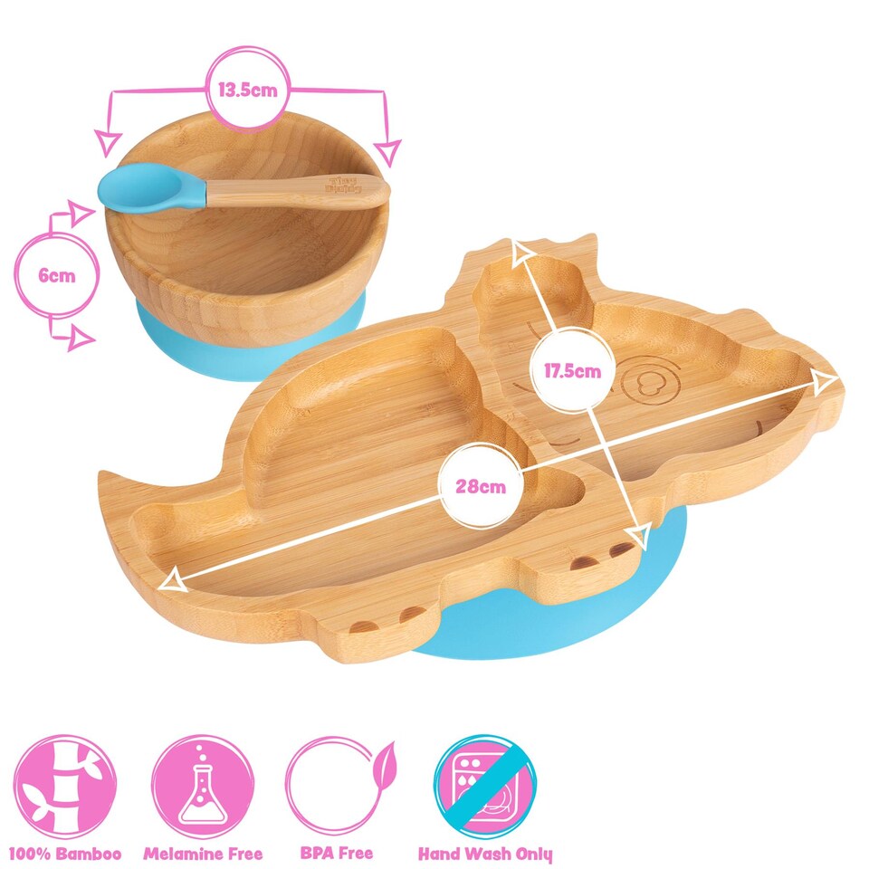 image 1 of Tiny Dining 5pc Bamboo Suction Feeding Set - Dinosaur/Grey - Divided Non-Slip Bamboo Baby Self-Feeding Dining Weaning Set