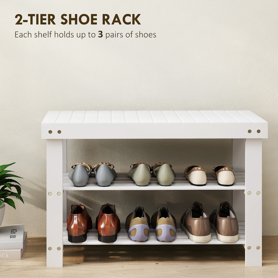 image 1 of HOMCOM 3-Tier Bamboo Shoe Bench with 2 Shelves for Entryway, White